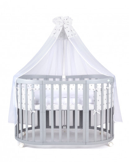 Set Patut Oval Evolutiv pentru Copii, Multifunctional, 7in1, cu Saltele, Baldachin, Lenjerie si Aparatori Laterale, Transformabil, Masa de Schimbat, Co-Sleeping, Tarc de Joaca, Birou, Scaune, Waldin, Gri, Echipament 8S1