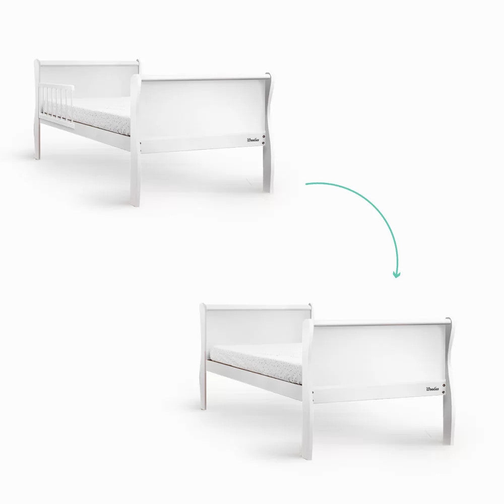 Set Patut pentru copii, din lemn masiv de Pin, 140 x 70 cm, protectii laterale incluse, Woodies Safe Dreams, Noble, Todler, Alb cu Saltea pentru patut copii, Mykids, Cocos, Confort II, 140 x 70 x 10 cm