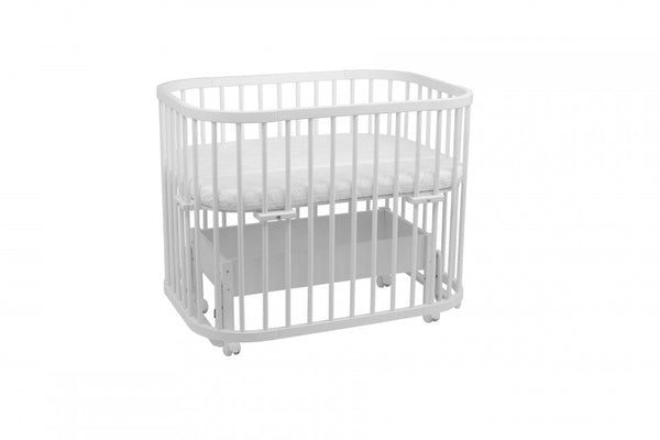 Set Patut Rotund pentru Copii, Multifunctional, Waldin, 5in1 + Sistem de Leganare, Saltele Incluse, Co-Sleeper, Tarc de Joaca, Masa si Scaun pentru Activitati, Culoare Alba