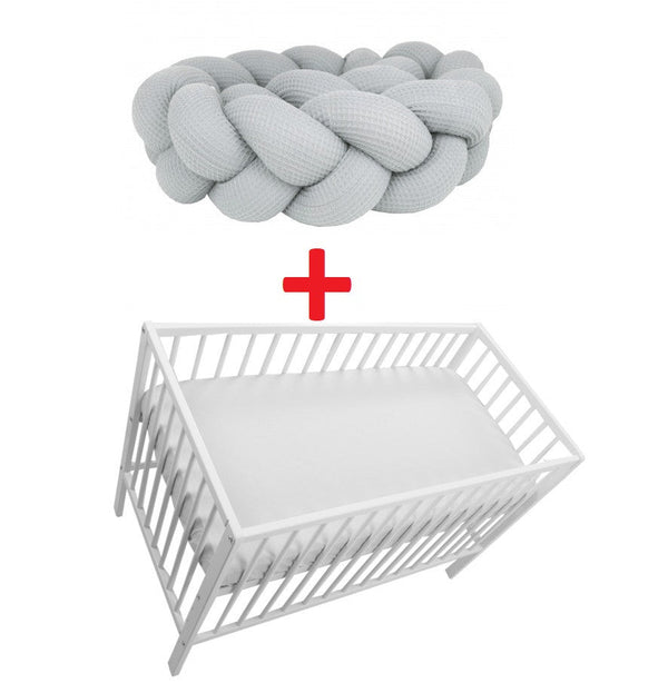 Set Protectie impletita pentru patut copii, cu Textura de Vafa, Waldin, Gri Deschis, 210 cm + Cearsaf pentru patut copii, 140 x 70 cm, MyKids, Alb