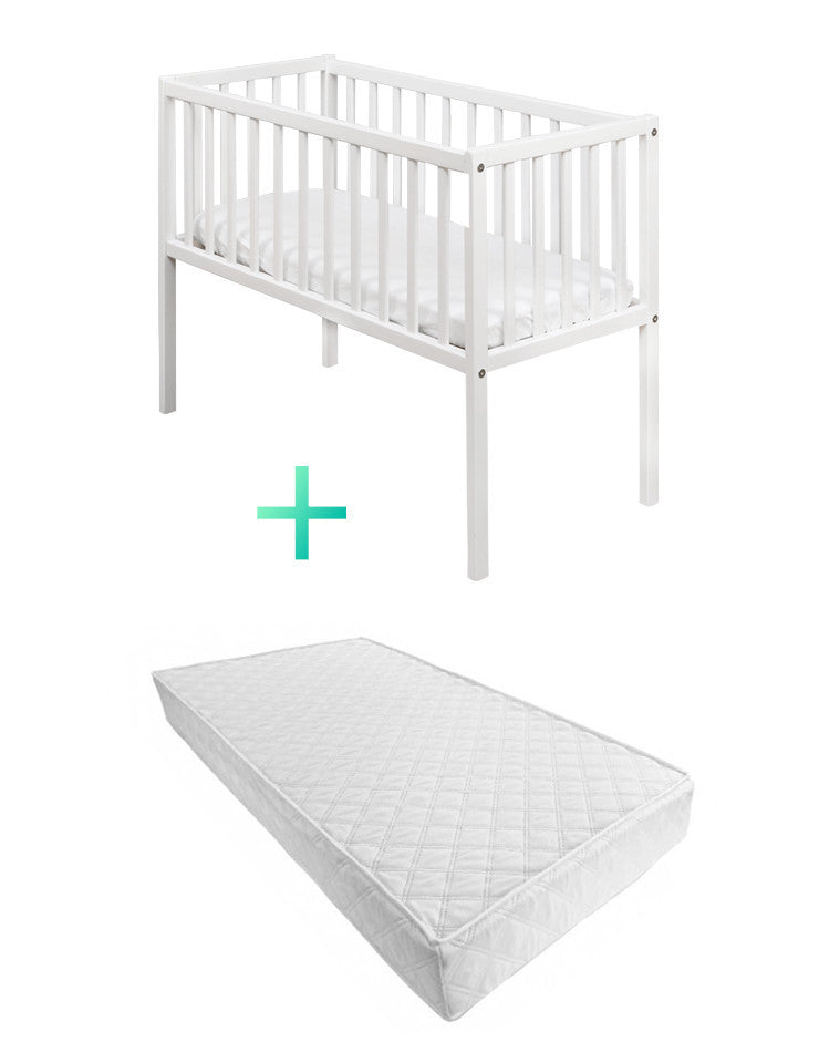Set - Patut Mic Bebe, 90x40 cm, din Lemn Masiv AlbDream Crib + Saltea Confort II 90 cm x 40 cm x 8 cm, Woodies Safe Dreams
