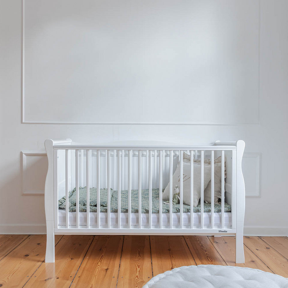 Patut Bebe,  140x70 cm, din Lemn Masiv, Transformabil , Noble White, Set +Saltea copii MyKids Cocos Confort II 140x70x10 cm, Woodies Safe Dreams