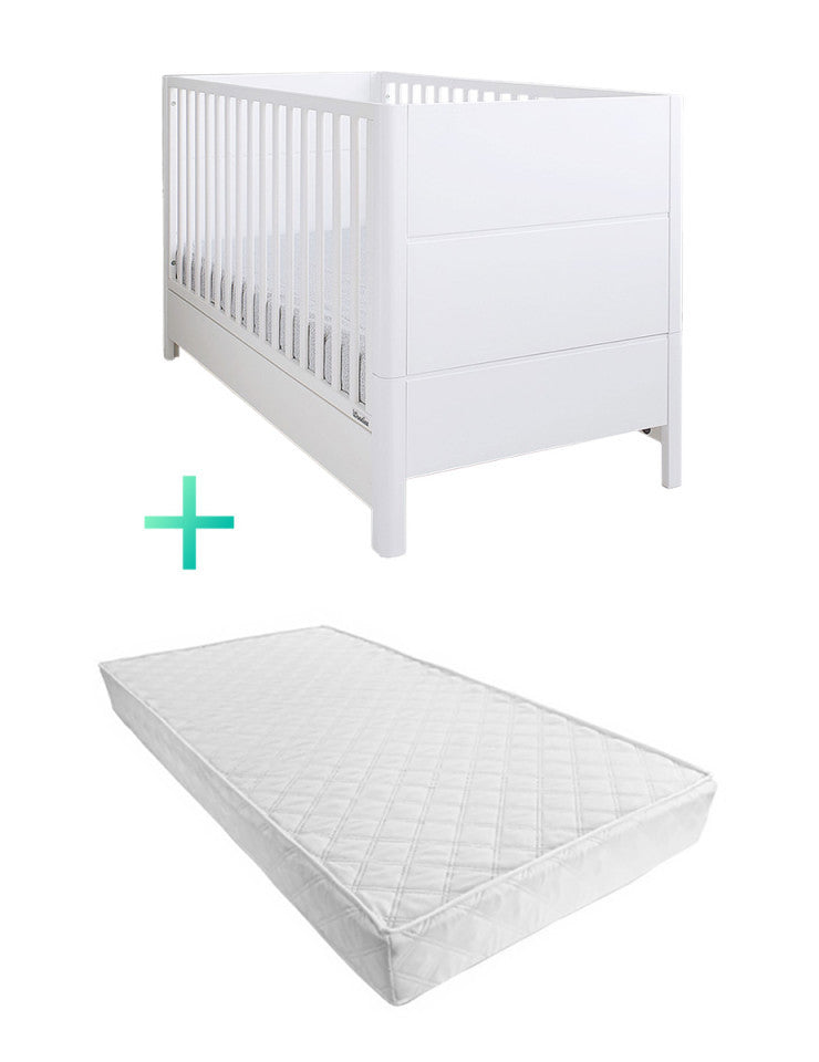 Patut Bebe, 140x70 cm, din Lemn Masiv,  Transformabil, Set, Saltea copii MyKids Cocos Confort II 140x70x10 cm, Woodies Safe Dreams