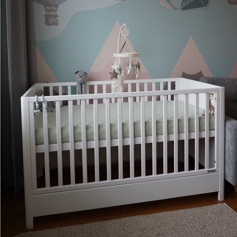Patut Bebe, 140x70 cm, din Lemn Masiv,  Transformabil, Set, Saltea copii MyKids Cocos Confort II 140x70x10 cm, Woodies Safe Dreams