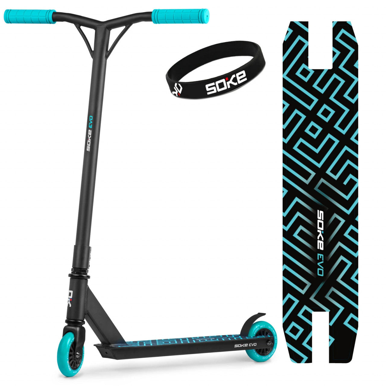 Trotineta cu 2 roti, pentru cascadorii, Soke EVO, 83 x 48 cm, Aluminiu, compresie HIC, rulmenti ABEC-9, punte sudata, Greutate maxima utilizator 100 Kg, Negru/Albastru