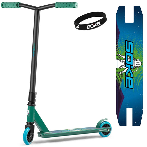 Trotineta cu 2 roti, pentru cascadorii, Soke EVO, 83 x 48 cm, Aluminiu, compresie HIC, rulmenti ABEC-9, punte sudata, Greutate maxima utilizator 100 Kg, Verde/Albastru