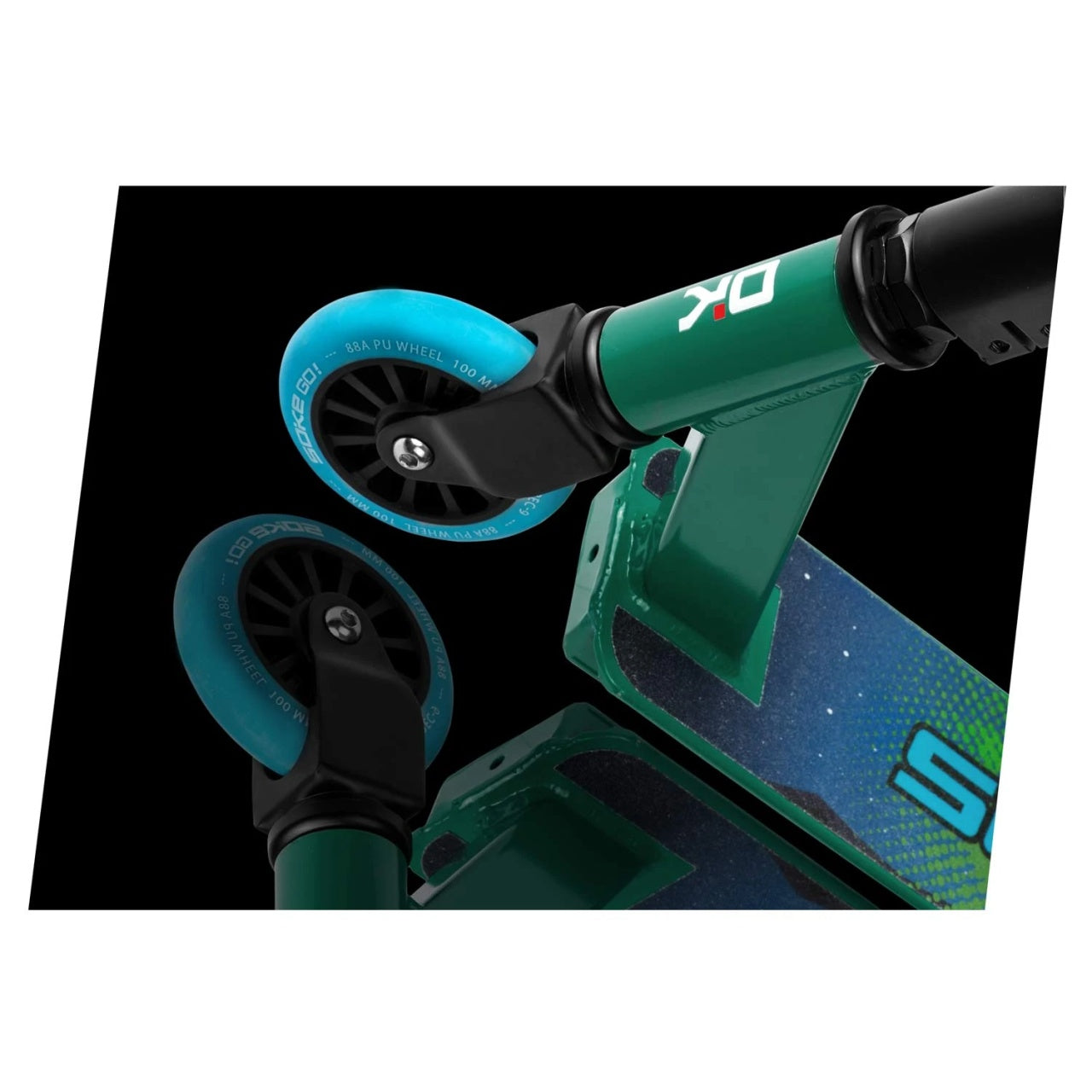 Trotineta cu 2 roti, pentru cascadorii, Soke EVO, 83 x 48 cm, Aluminiu, compresie HIC, rulmenti ABEC-9, punte sudata, Greutate maxima utilizator 100 Kg, Verde/Albastru