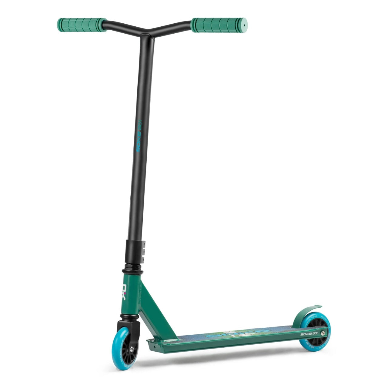 Trotineta cu 2 roti, pentru cascadorii, Soke EVO, 83 x 48 cm, Aluminiu, compresie HIC, rulmenti ABEC-9, punte sudata, Greutate maxima utilizator 100 Kg, Verde/Albastru