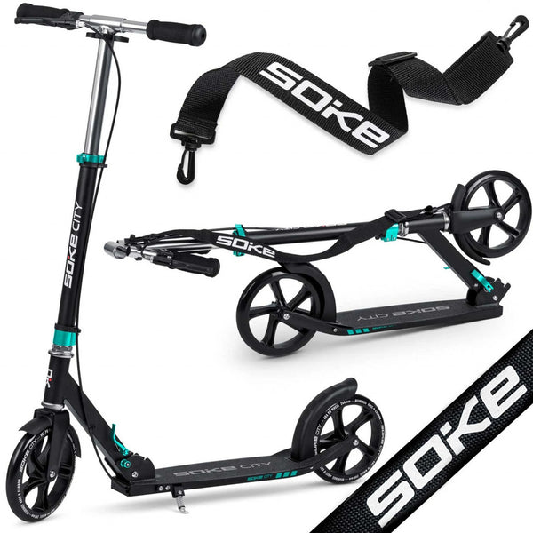 Trotineta de oras, Clasica, cu 2 roti, frana de mana, Soke, City, Aluminiu, Greutate maxima utilizator 100 Kg, Negru/Turcoaz