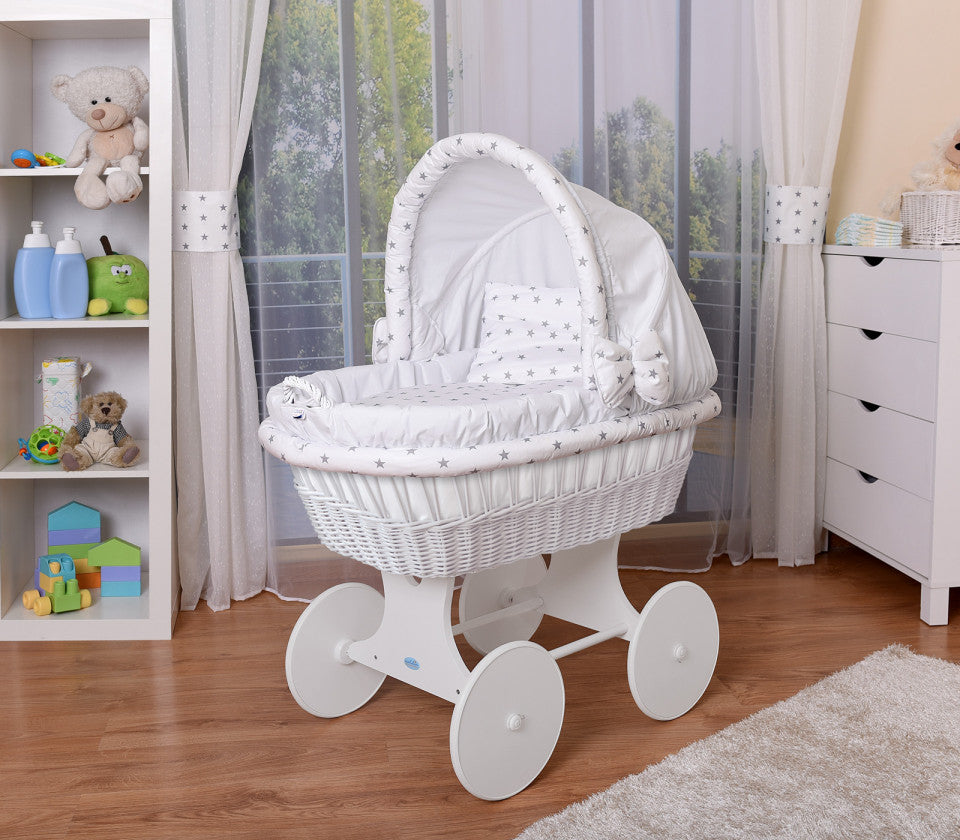 Cosulet Bebe, 105x70 cm, Moses Alb, din Rachita, Echipat Complet, White - Stars, Waldin