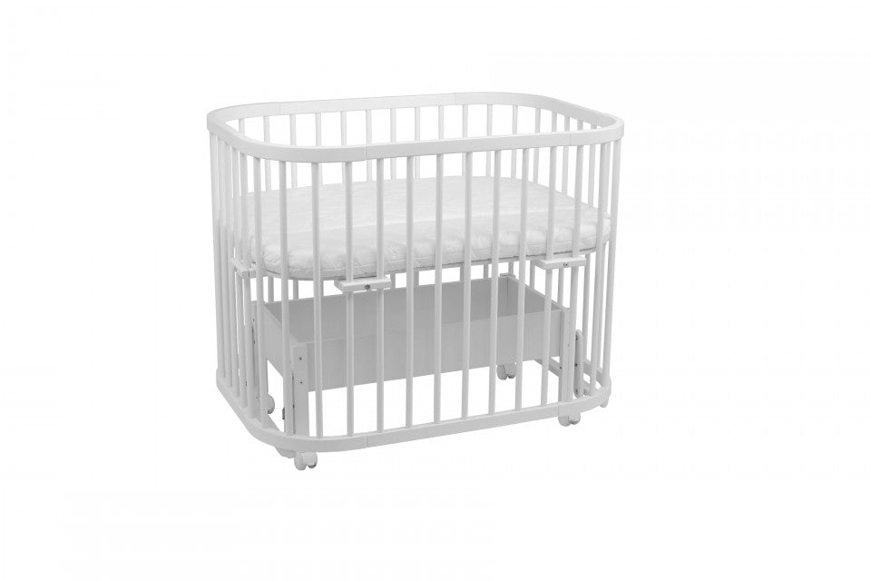 Patut copii Rotund 5 in 1 Alb, Sistem de Leganare, Saltele Incluse, Transformabil, Co-Sleeper, Tarc de Joaca, Masa si Scaun pentru Activitati, Waldin