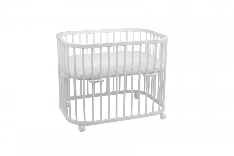 Patut copii Rotund 5 in 1 Alb, Sistem de Leganare, Saltele Incluse, Transformabil, Co-Sleeper, Tarc de Joaca, Masa si Scaun pentru Activitati, Waldin