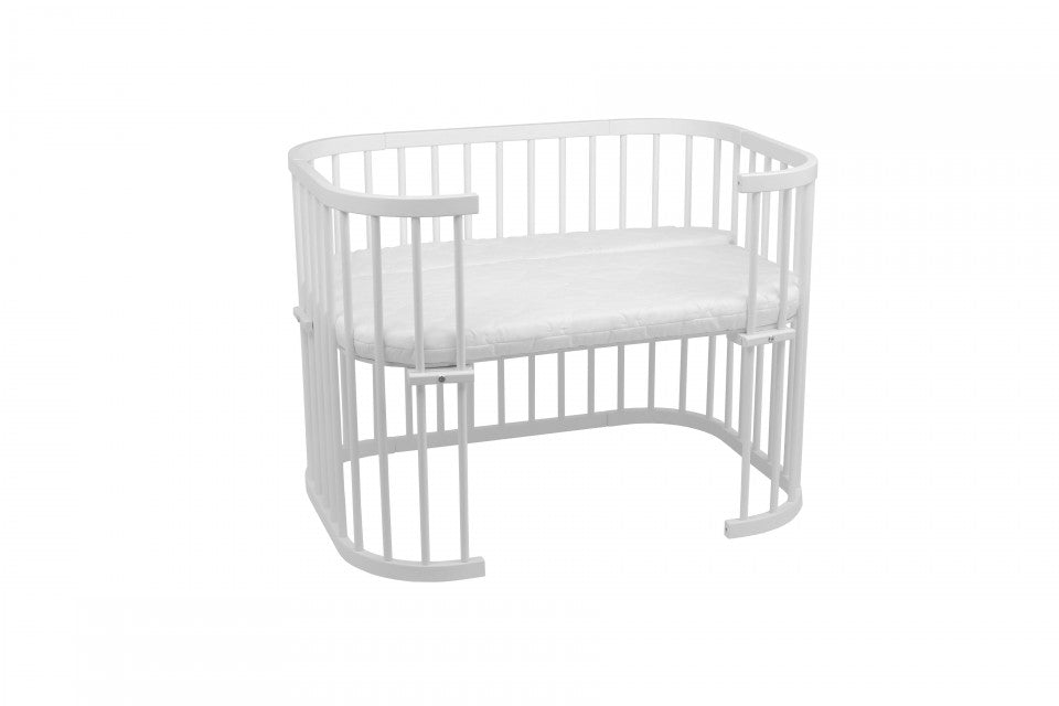 Patut copii Rotund 5 in 1 Alb, Sistem de Leganare, Saltele Incluse, Transformabil, Co-Sleeper, Tarc de Joaca, Masa si Scaun pentru Activitati, Waldin