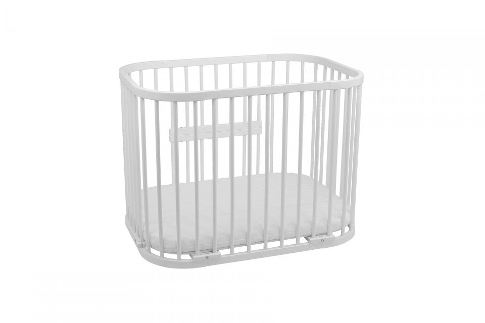 Patut copii Rotund 5 in 1 Alb, Sistem de Leganare, Saltele Incluse, Transformabil, Co-Sleeper, Tarc de Joaca, Masa si Scaun pentru Activitati, Waldin