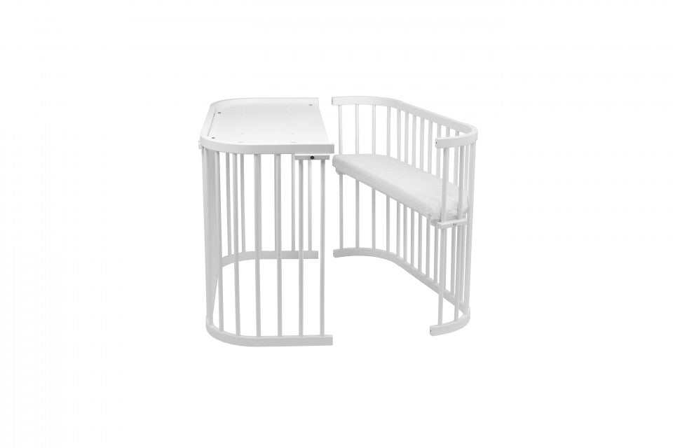 Patut copii Rotund 5 in 1 Alb, Sistem de Leganare, Saltele Incluse, Transformabil, Co-Sleeper, Tarc de Joaca, Masa si Scaun pentru Activitati, Waldin