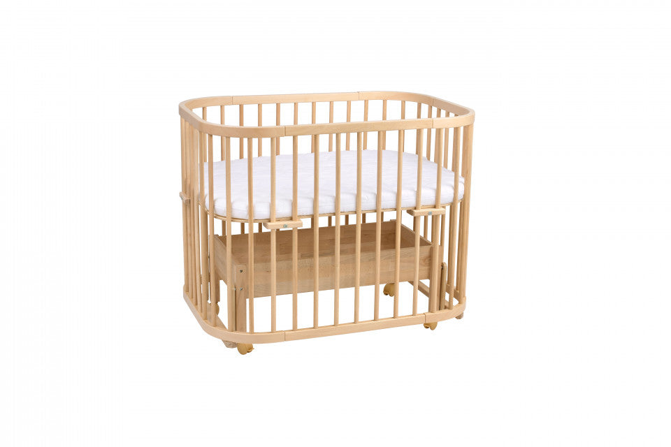 Patut copii Rotund 5 in 1 Natural, Sistem de Leganare, Saltele Incluse, Transformabil, Co-Sleeper, Tarc de Joaca, Masa si Scaun Activitati, Waldin