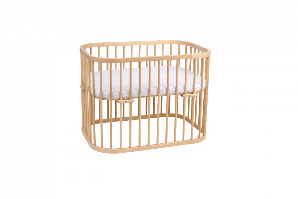 Patut copii Rotund 5 in 1 Natural, Sistem de Leganare, Saltele Incluse, Transformabil, Co-Sleeper, Tarc de Joaca, Masa si Scaun Activitati, Waldin