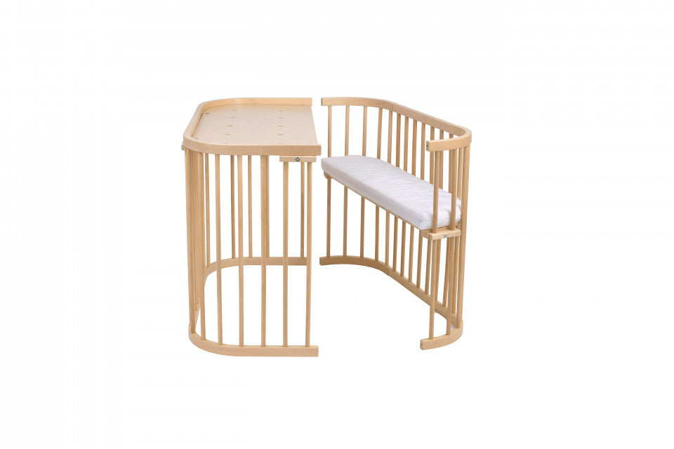 Patut copii Rotund 5 in 1 Natural, Sistem de Leganare, Saltele Incluse, Transformabil, Co-Sleeper, Tarc de Joaca, Masa si Scaun Activitati, Waldin