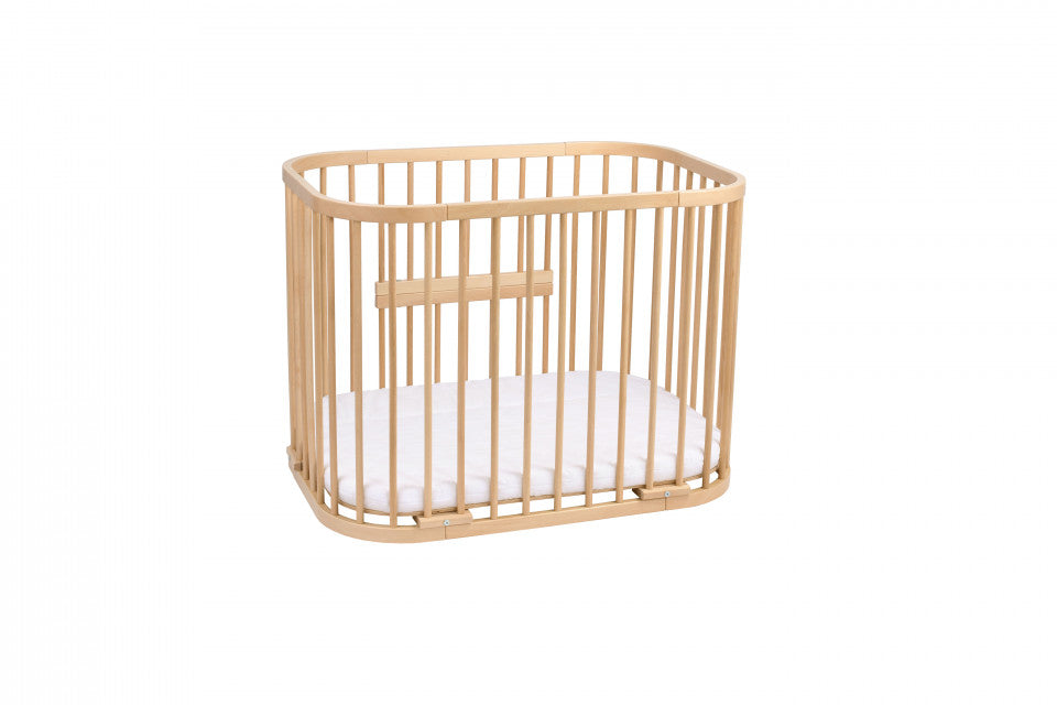Patut copii Rotund 5 in 1 Natural, Sistem de Leganare, Saltele Incluse, Transformabil, Co-Sleeper, Tarc de Joaca, Masa si Scaun Activitati, Waldin