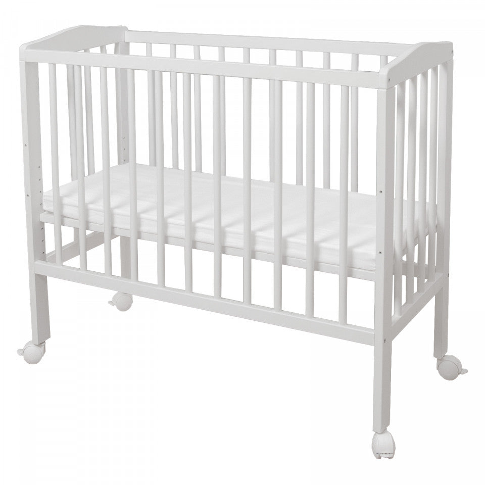 Set Patut Bedside 2in1 Alb, 90 cm x 55 cm, laterala detasabila, co-sleeping, cu Saltea + Aparatoare alba cu stelute gri, Waldin