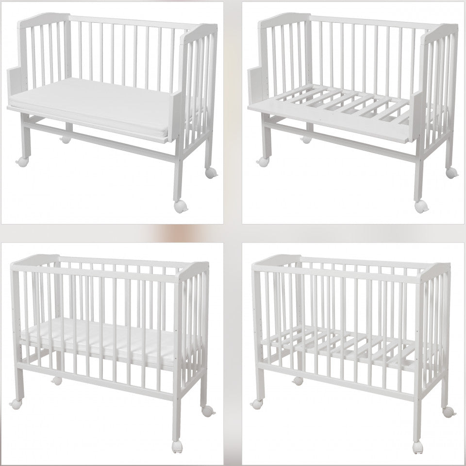 Set Patut Bedside 2in1 Alb, 90 cm x 55 cm, laterala detasabila, co-sleeping, cu Saltea + Aparatoare alba cu stelute gri, Waldin