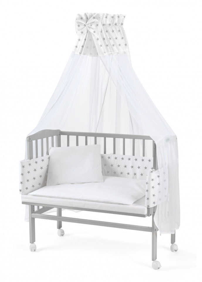 Set - Patut Bebe, 90x55 cm, Bedside 2in1 Gri, Saltea si Baldachin, Waldin
