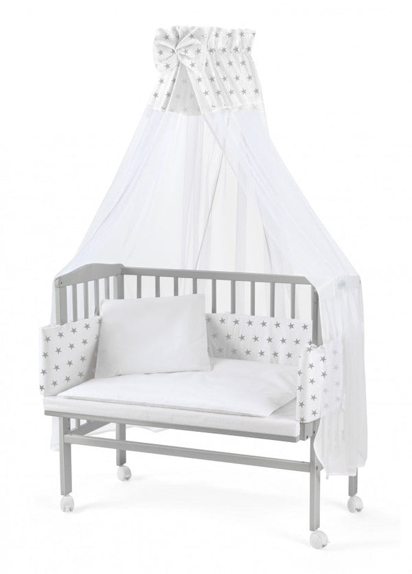 Set - Patut Bebe, 90x55 cm, Bedside 2in1 Gri, Saltea si Baldachin, Waldin
