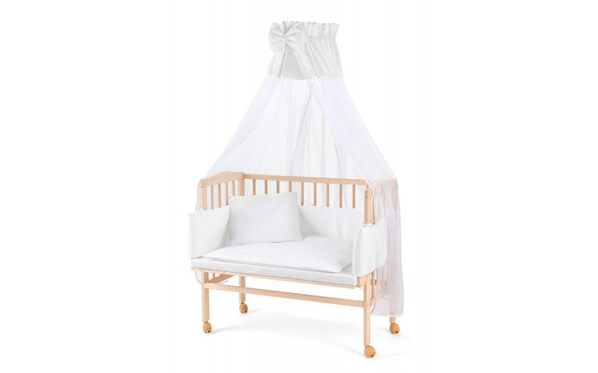 Set Patut Bedside 2in1 Natur, 90 cm x 55 cm, laterala detasabila, co-sleeping, cu Saltea + Aparatoare alba + Baldachin, Waldin