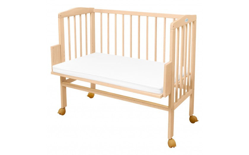 Set Patut Bedside 2in1 Natur, 90 cm x 55 cm, laterala detasabila, co-sleeping, cu Saltea + Aparatoare alba + Baldachin, Waldin