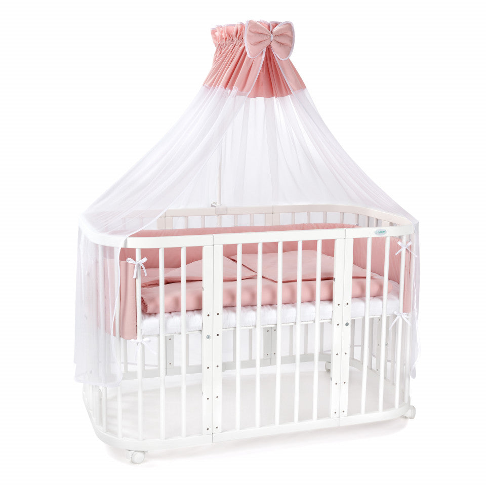 Set - Patut Bebe, Rotund Evolutiv 7in1 Alb, Dimensiune Ajustabila, Saltele Incluse, Transformabil, Lenjerie si Aparatori Pink, Waldin