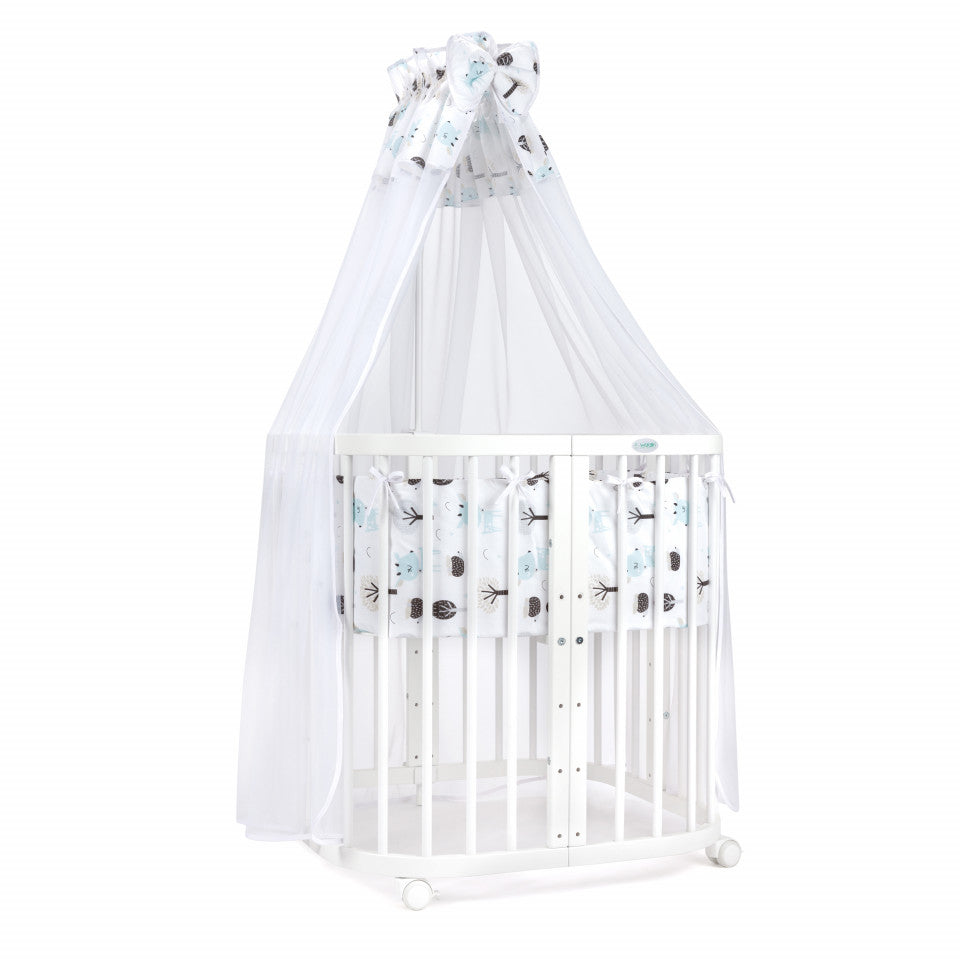 Set - Patut Bebe, Rotund Evolutiv 7in1 Alb, Dimensiune Ajustabila, Saltele Incluse, Transformabil, Lenjerie si Aparatori Forest, Waldin