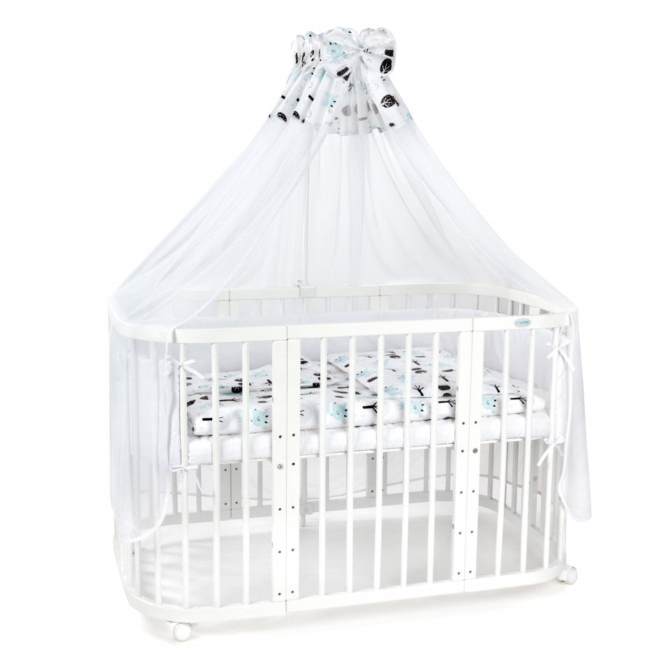 Set - Patut Bebe, Rotund Evolutiv 7in1 Alb, Dimensiune Ajustabila, Saltele Incluse, Transformabil, Lenjerie si Aparatori Forest, Waldin