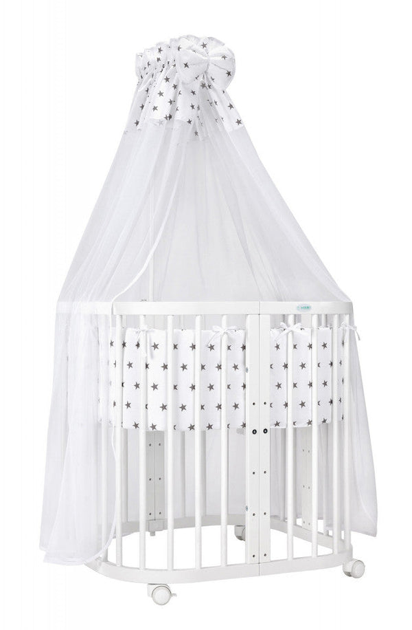 Set Patut Rotund Evolutiv 7in1 Alb, Saltele Incluse, Transformabil, Co-Sleeping + Baldachin, Lenjerie si Aparatori albe cu stelute gri, Waldin