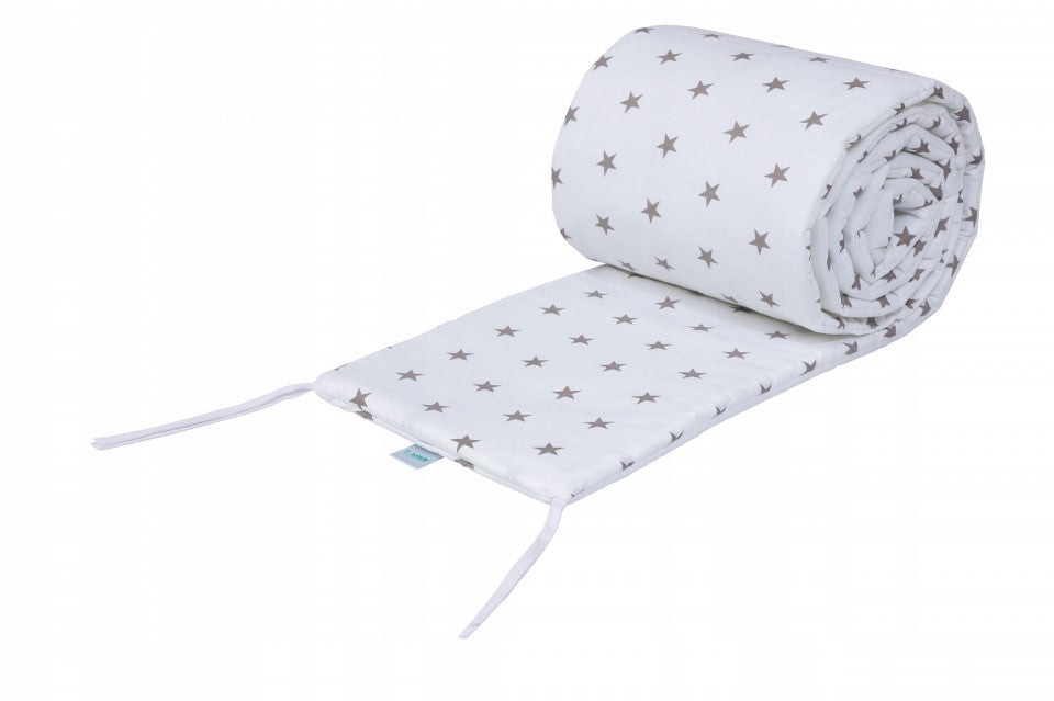 Set Patut Rotund Evolutiv 7in1 Alb, Saltele Incluse, Transformabil, Co-Sleeping + Baldachin, Lenjerie si Aparatori albe cu stelute gri, Waldin