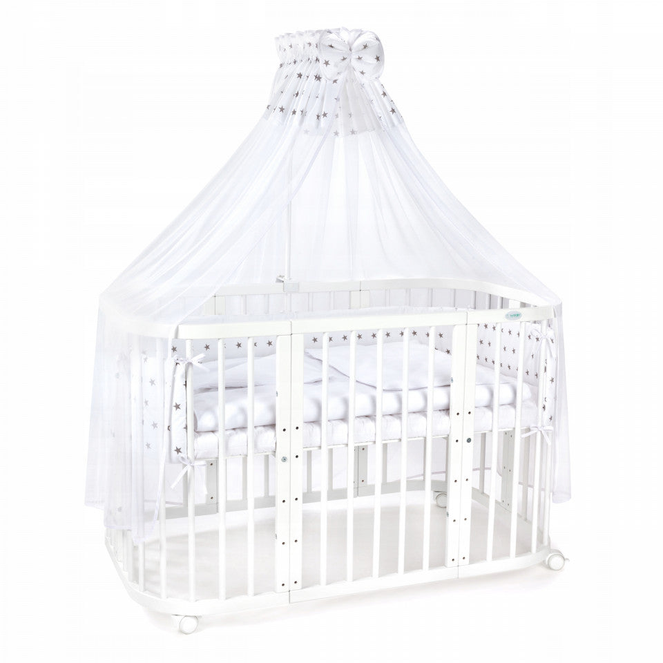 Set Patut Rotund Evolutiv 7in1 Alb, Saltele Incluse, Transformabil, Co-Sleeping + Baldachin, Lenjerie si Aparatori albe cu stelute gri, Waldin