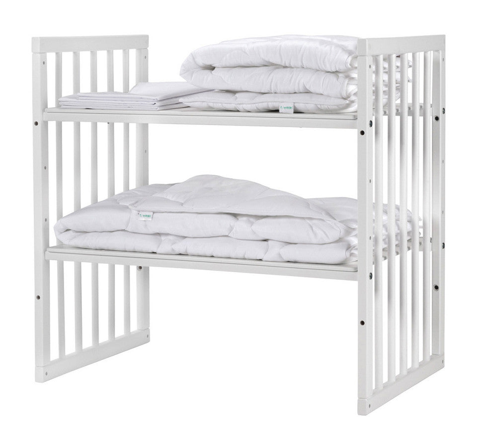 Set Patut Rotund Evolutiv 7in1 Alb, Saltele Incluse, Transformabil, Co-Sleeping + Baldachin, Lenjerie si Aparatori albe cu stelute gri, Waldin