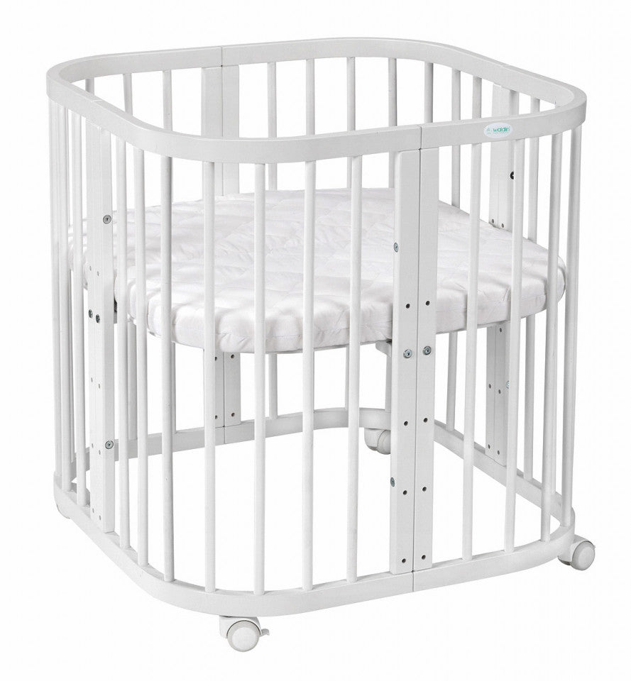 Set Patut Rotund Evolutiv 7in1 Alb, Saltele Incluse, Transformabil, Co-Sleeping + Baldachin, Lenjerie si Aparatori albe cu stelute gri, Waldin
