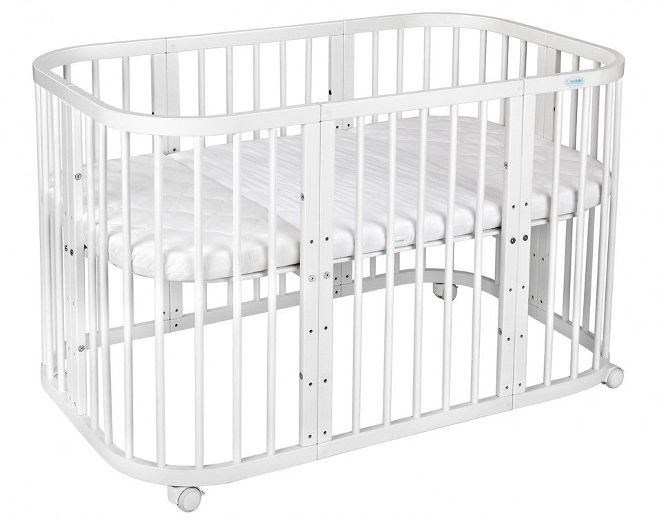 Set Patut Rotund Evolutiv 7in1 Alb, Saltele Incluse, Transformabil, Co-Sleeping + Baldachin, Lenjerie si Aparatori albe cu stelute gri, Waldin