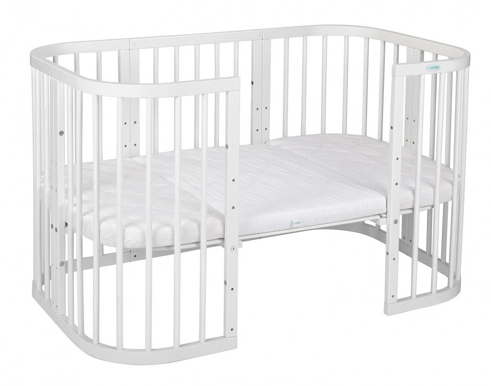 Set Patut Rotund Evolutiv 7in1 Alb, Saltele Incluse, Transformabil, Co-Sleeping + Baldachin, Lenjerie si Aparatori albe cu stelute gri, Waldin