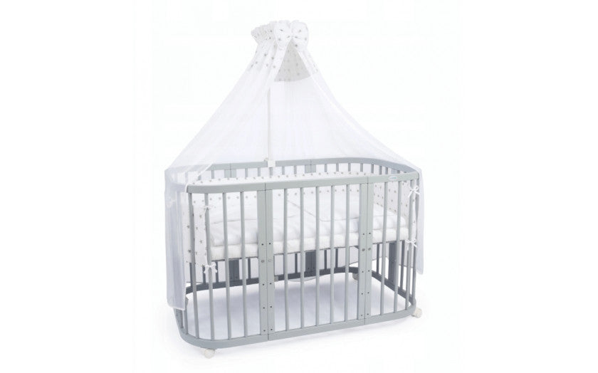 Set Patut Rotund Evolutiv 7in1 Gri, Saltele Incluse, Transformabil, Co-Sleeping + Baldachin, Lenjerie si Aparatori albe cu stelute gri, Waldin