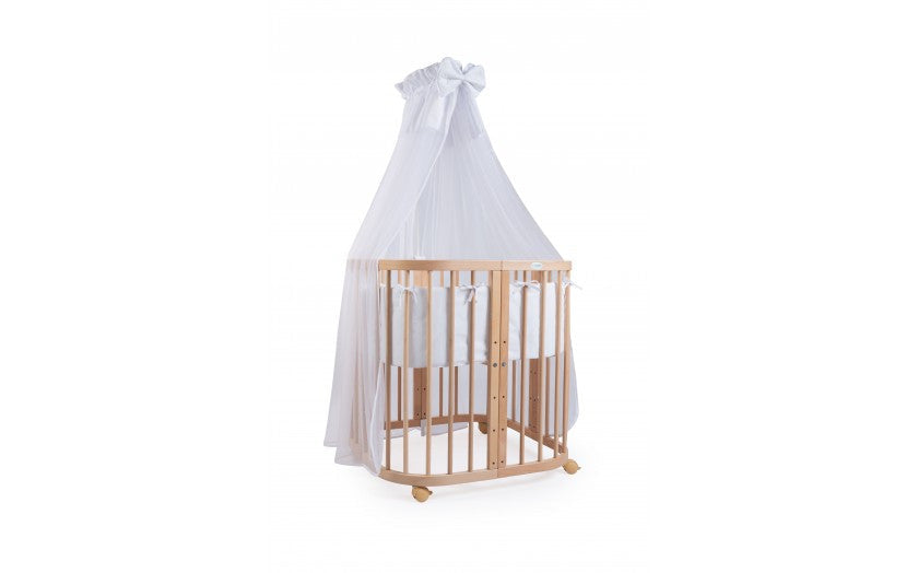 Set Patut Rotund Evolutiv 7in1 Natural, Saltele Incluse, Transformabil, Co-Sleeping + Baldachin, Lenjerie si Aparatori albe, Waldin