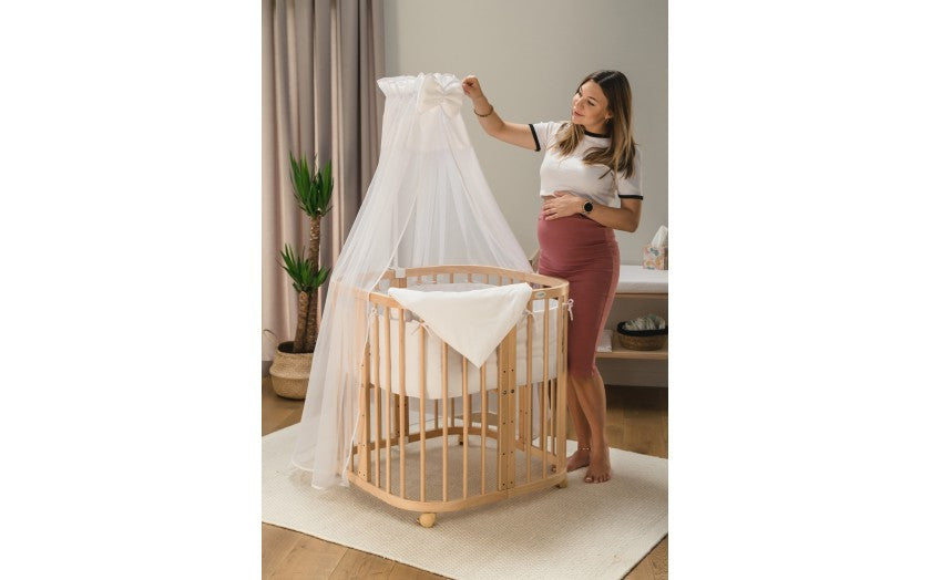 Set Patut Rotund Evolutiv 7in1 Natural, Saltele Incluse, Transformabil, Co-Sleeping + Baldachin, Lenjerie si Aparatori albe, Waldin