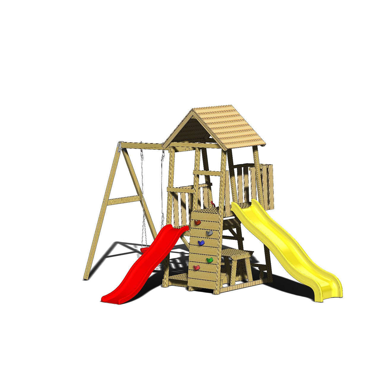 Turn de joaca cu 2 platforme, panou de catarare, 2 tobogane, leagan, masuta de picnic cu bancute si lada de nisip, +3ani, Wendi Toys