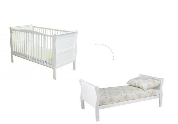 Patut Bebe, 140x70 cm, din Lemn Masiv, Transformabil, Noble White, Woodies Safe Dreams